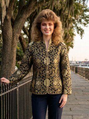 Vtg gold black silk chinese oriental jacket